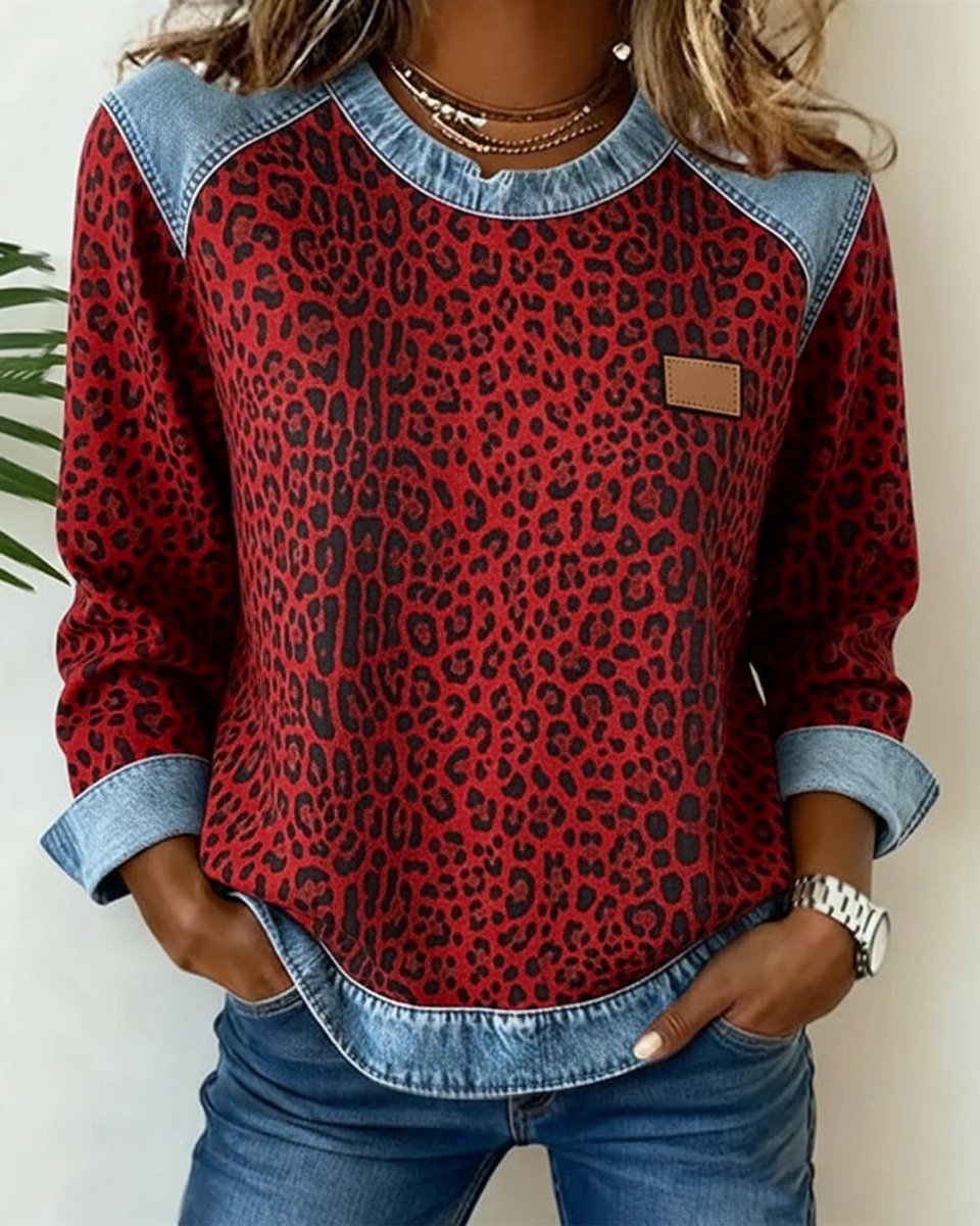 Dahlia | Women's Long Sleeve Leopard Print Patchwork Jumper - Red