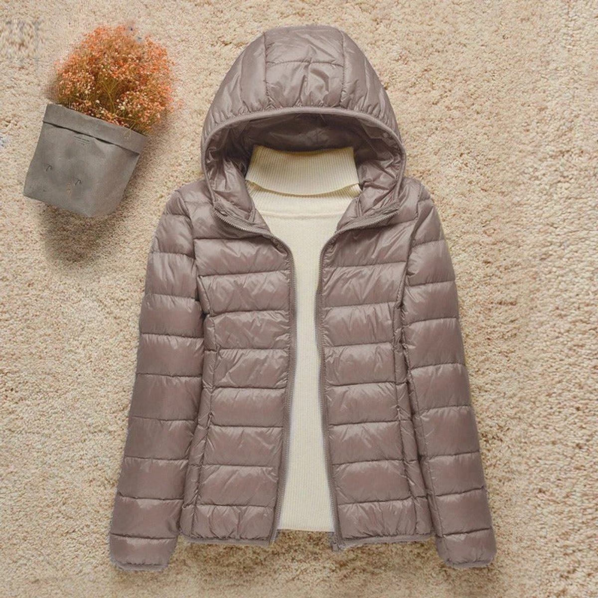 Valentina | Women's Quilted Hooded Puffer Jacket - Taupe