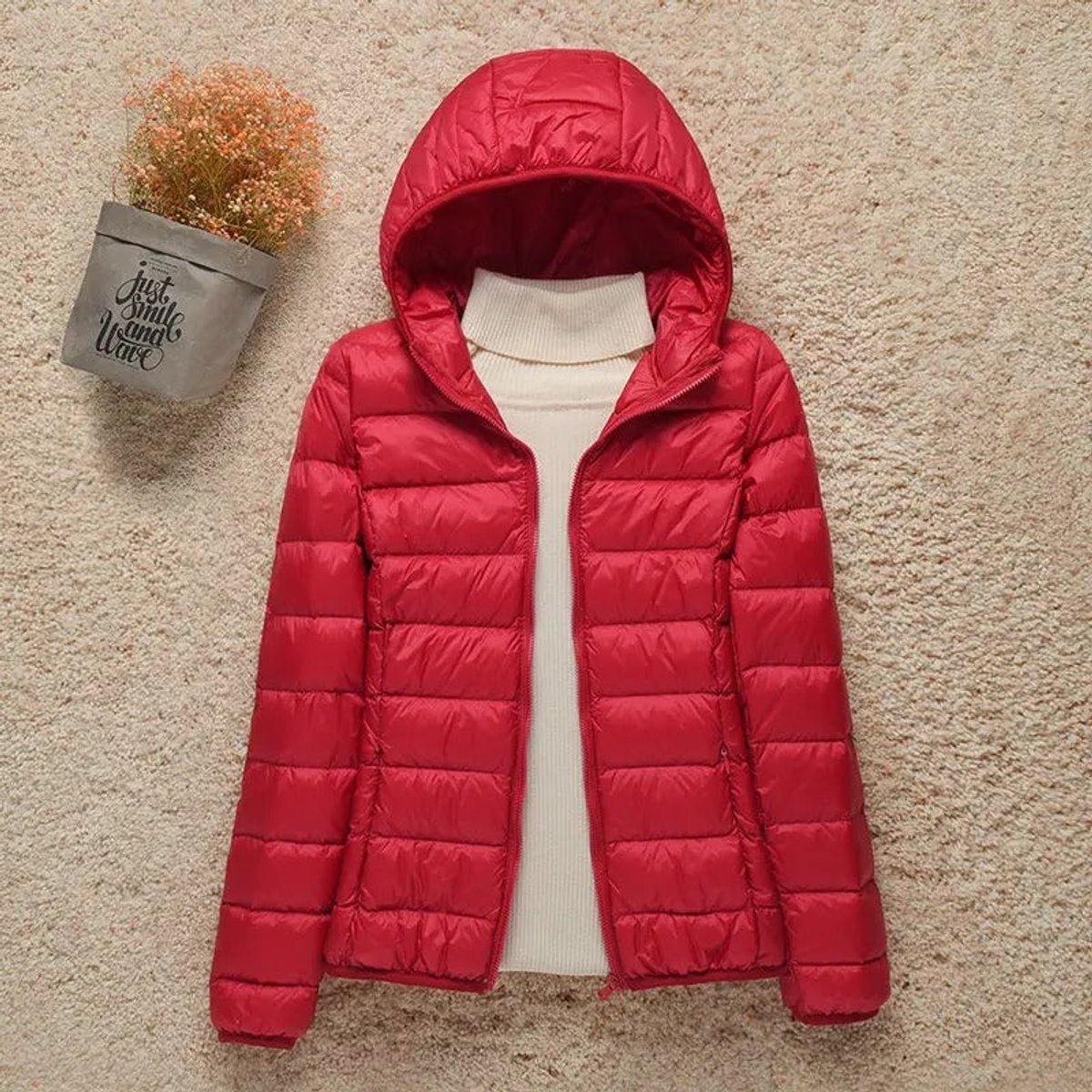 Valentina | Women's Quilted Hooded Puffer Jacket - Red