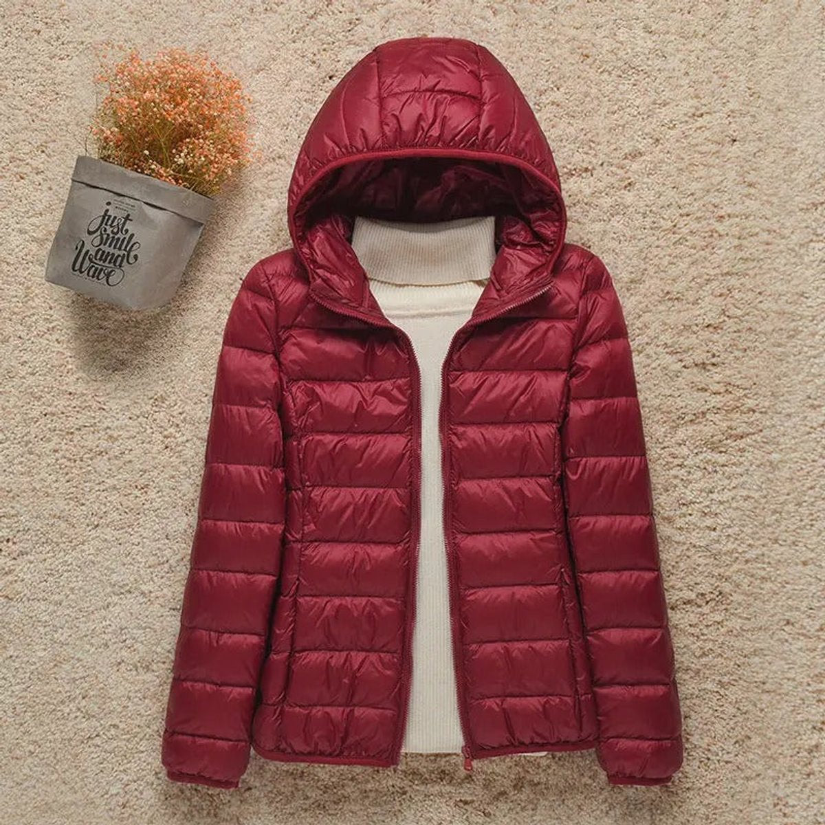 Valentina | Women's Quilted Hooded Puffer Jacket - Burgundy