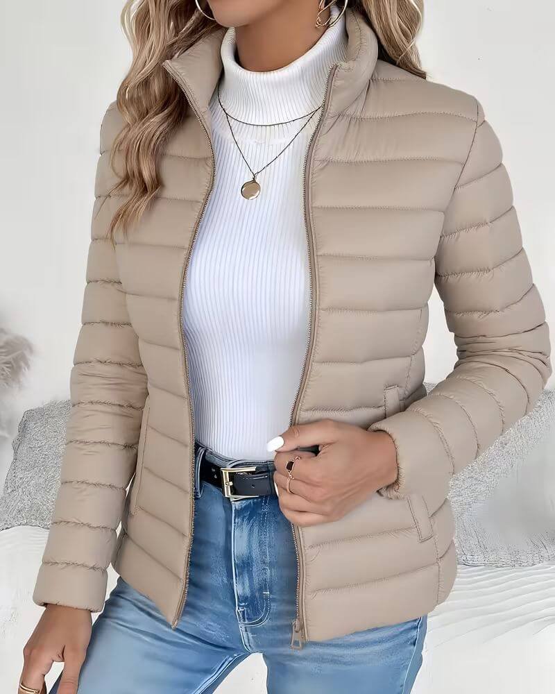 Elvira | Women's Quilted Stand Collar Puffer Jacket - Beige