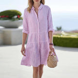 Octavia | Women's Tiered Linen Look Striped Shirt Dress - Purple