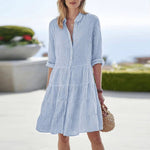 Octavia | Women's Tiered Linen Look Striped Shirt Dress - Light Blue