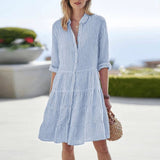 Octavia | Women's Tiered Linen Look Striped Shirt Dress - Light Blue