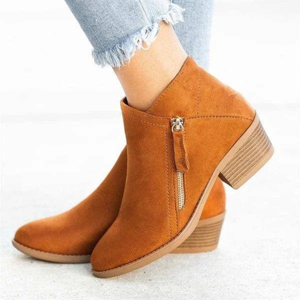 Nicole | Women's Side Zip Suede Look Low Heel Ankle Boots - Orange