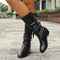 Yvonne | Women's Block Heel Leather Look Mid Calf Ankle Boots - Black