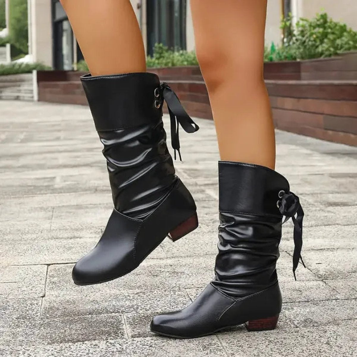 Yvonne | Women's Block Heel Leather Look Mid Calf Ankle Boots