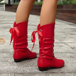 Yvonne | Women's Block Heel Leather Look Mid Calf Ankle Boots - Red
