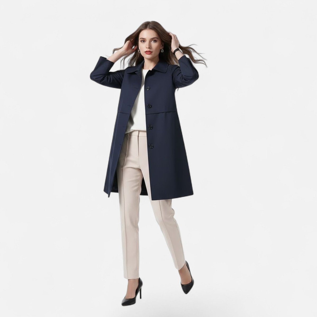Greta | Women's Double Breasted Wool Blend Trench Coat - Navy Blue