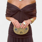 Stephanie | Women's Off Shoulder Ruched Maxi Cocktail Dress - Brown