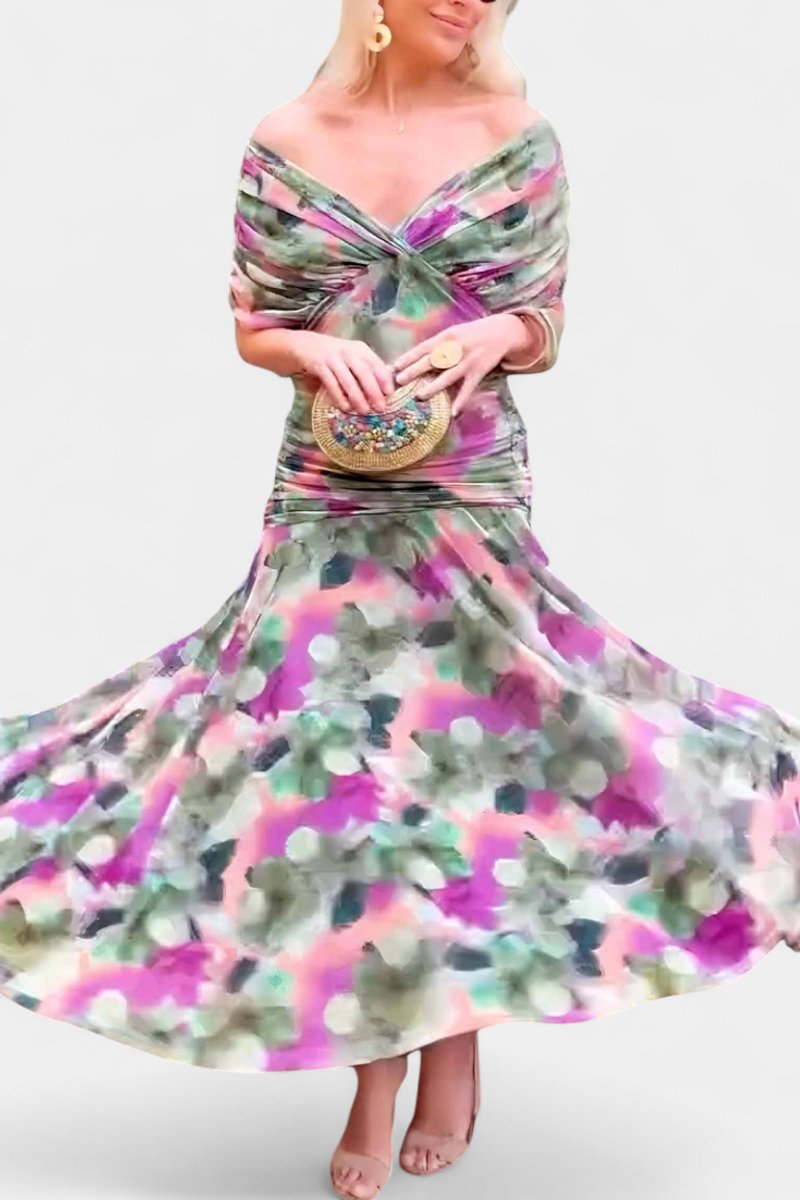 Stephanie | Women's Off Shoulder Ruched Maxi Cocktail Dress - Multicolour