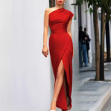 Audrey | Women's One Shoulder Maxi Cocktail Dress - Red