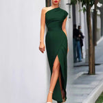 Audrey | Women's One Shoulder Maxi Cocktail Dress - Green