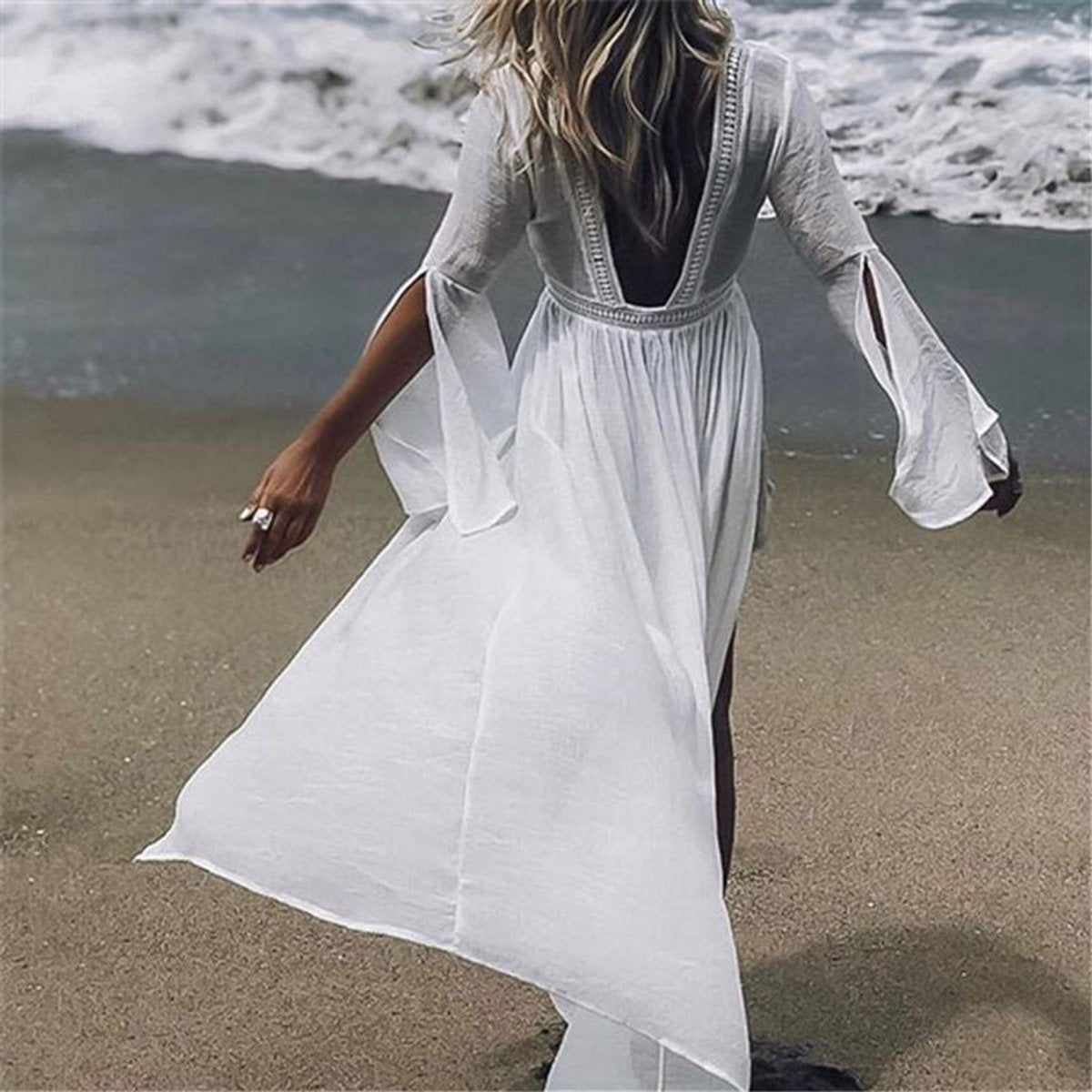 Claudia | Women's Flared Sleeve Maxi Tunic Dress - White