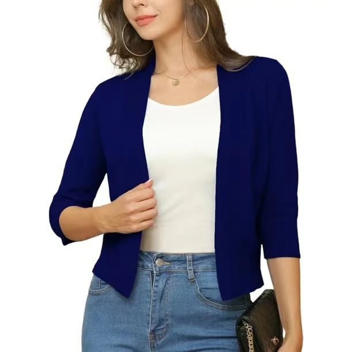 Lauren | Women's Open Front Three Quarter Sleeve Cropped Cardigan - Sapphire Blue