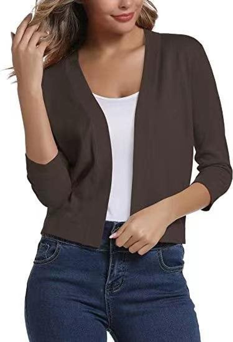 Lauren | Women's Open Front Three Quarter Sleeve Cropped Cardigan - Brown