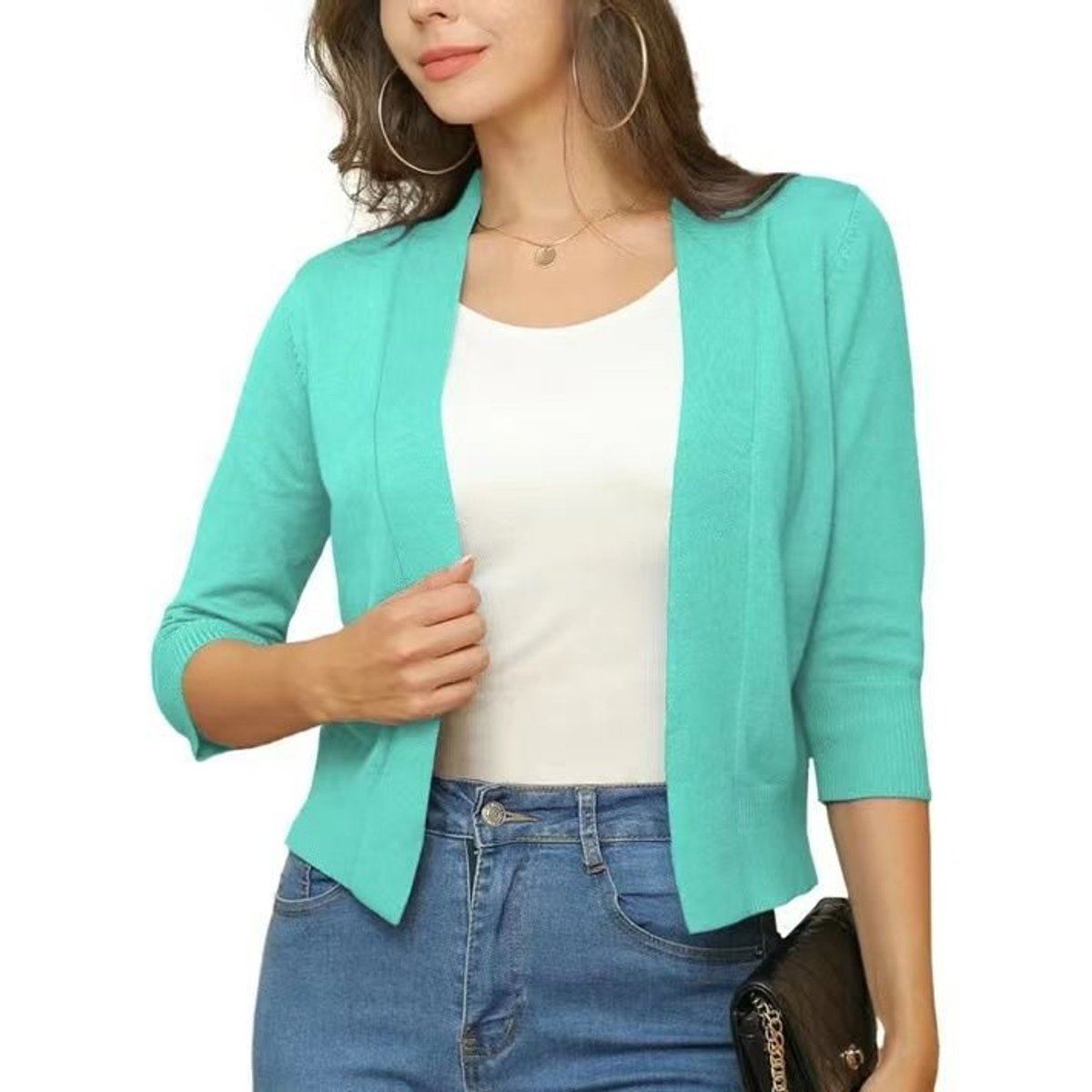 Lauren | Women's Open Front Three Quarter Sleeve Cropped Cardigan - Wood Green