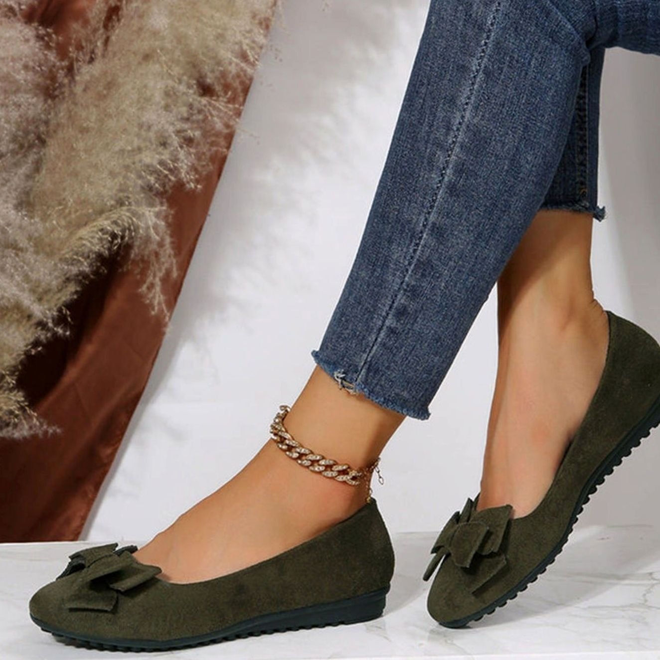 Sylvia | Women's Orthopaedic Suede Look Bow Detail Shoes - Dark Green