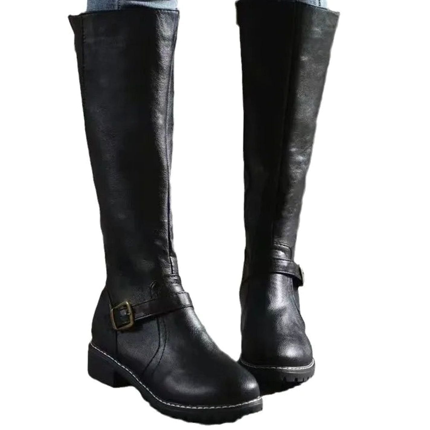 Eden | Women's Orthopaedic Leather Look Buckle Knee-High Boots - Dark Brown