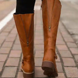 Eden | Women's Orthopaedic Leather Look Buckle Knee-High Boots - Light Brown
