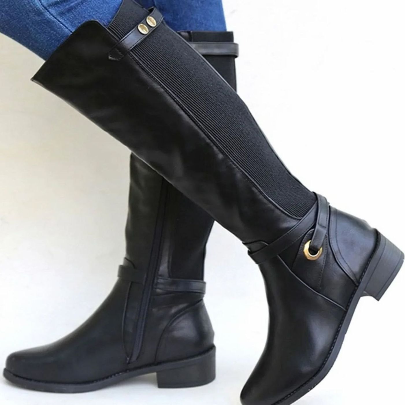 Doris | Women's Orthopaedic Block Heel Leather Look Knee-High Boots - Black