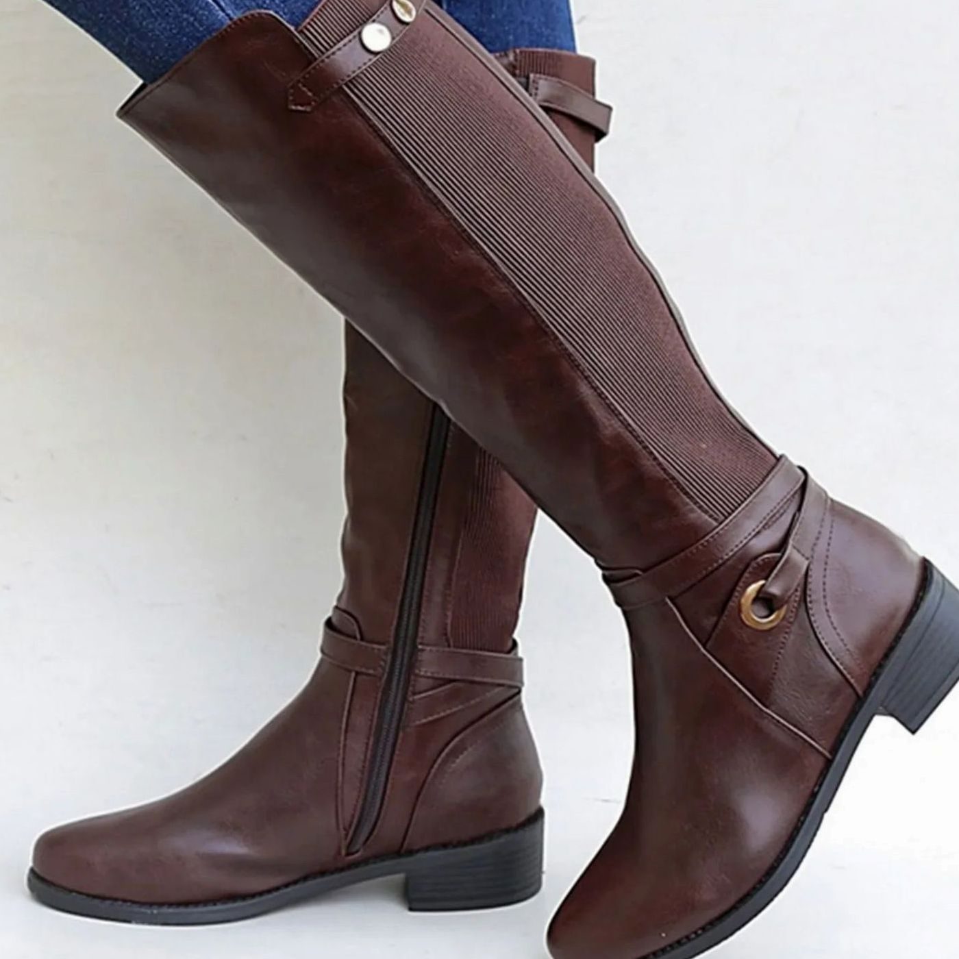 Doris | Women's Orthopaedic Block Heel Leather Look Knee-High Boots - Brown