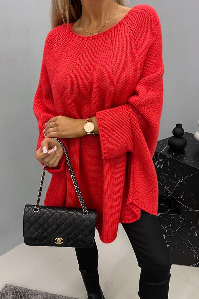 Eileen | Women's Oversized Batwing Sleeve Round Neck Jumper - Red