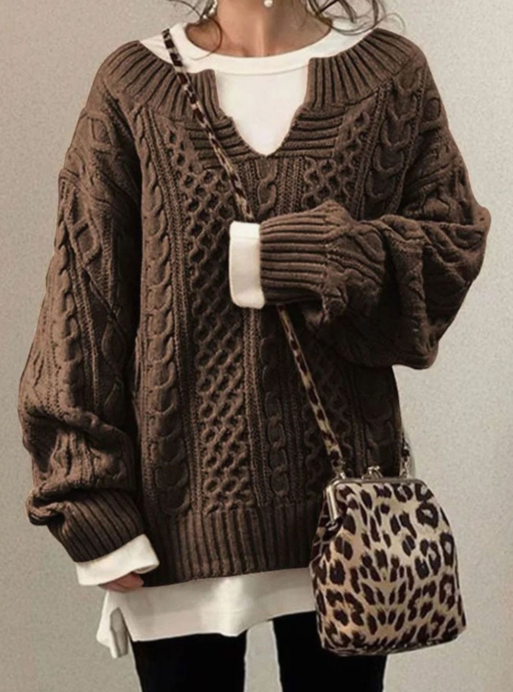 Danielle | Women's Long Sleeve Oversized Cable Knit Jumper - Brown