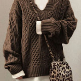 Danielle | Women's Long Sleeve Oversized Cable Knit Jumper - Brown