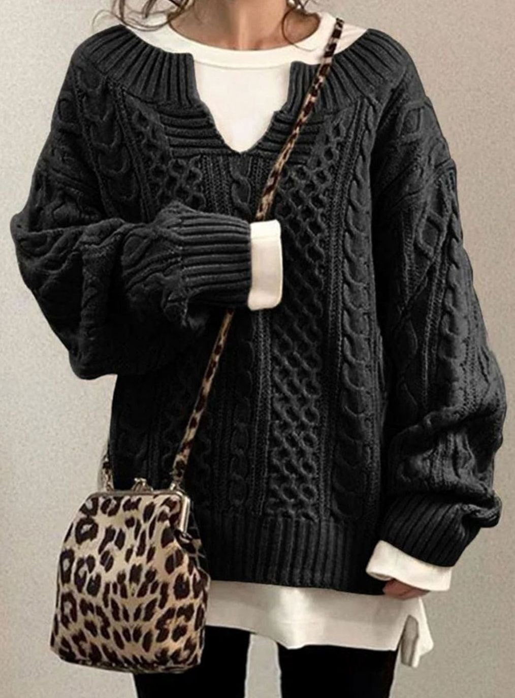 Danielle | Women's Long Sleeve Oversized Cable Knit Jumper - Black