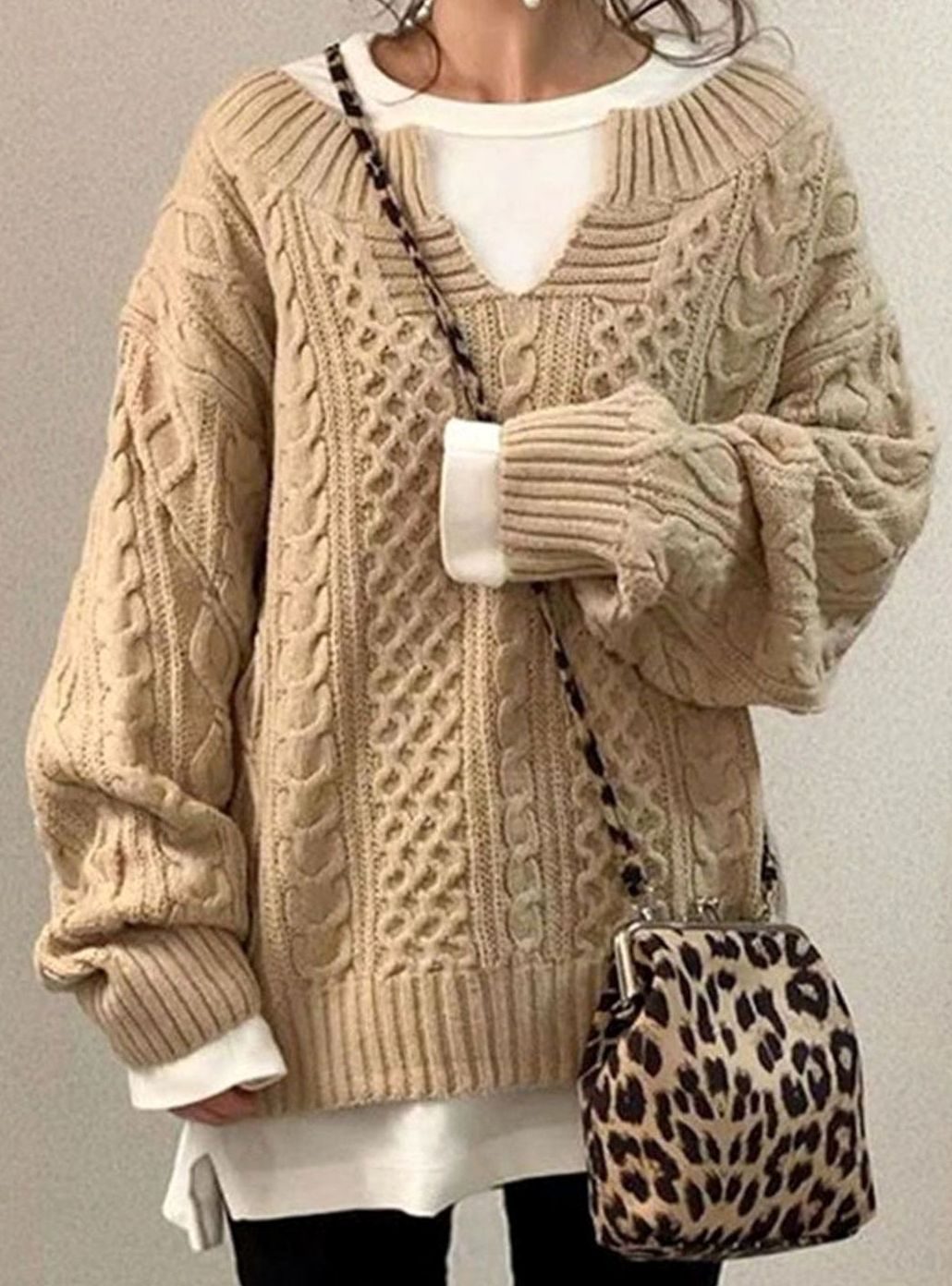 Danielle | Women's Long Sleeve Oversized Cable Knit Jumper - Beige