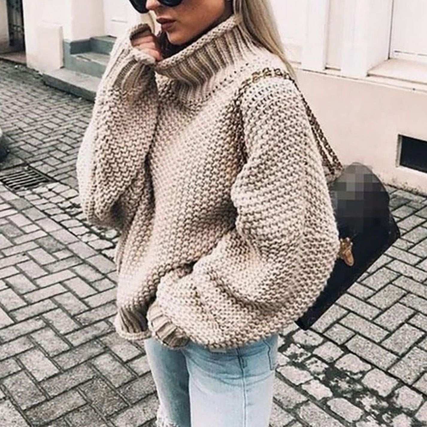 Thea | Women's Oversized Relaxed Fit Chunky Turtleneck Jumper - Khaki
