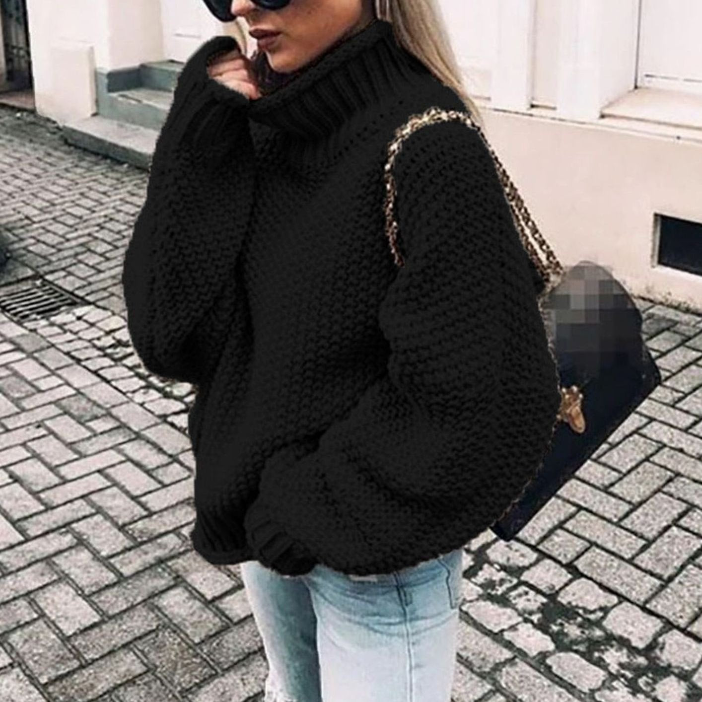 Thea | Women's Oversized Relaxed Fit Chunky Turtleneck Jumper - Black