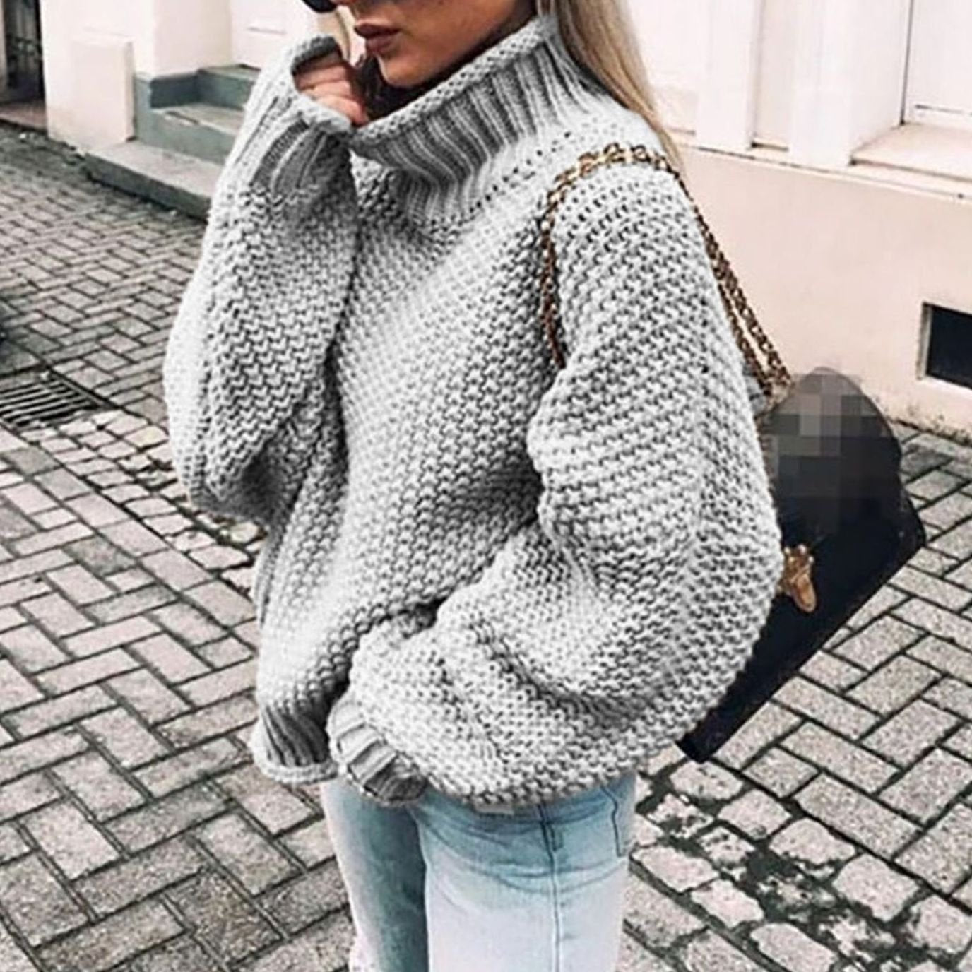 Thea | Women's Oversized Relaxed Fit Chunky Turtleneck Jumper - Grey