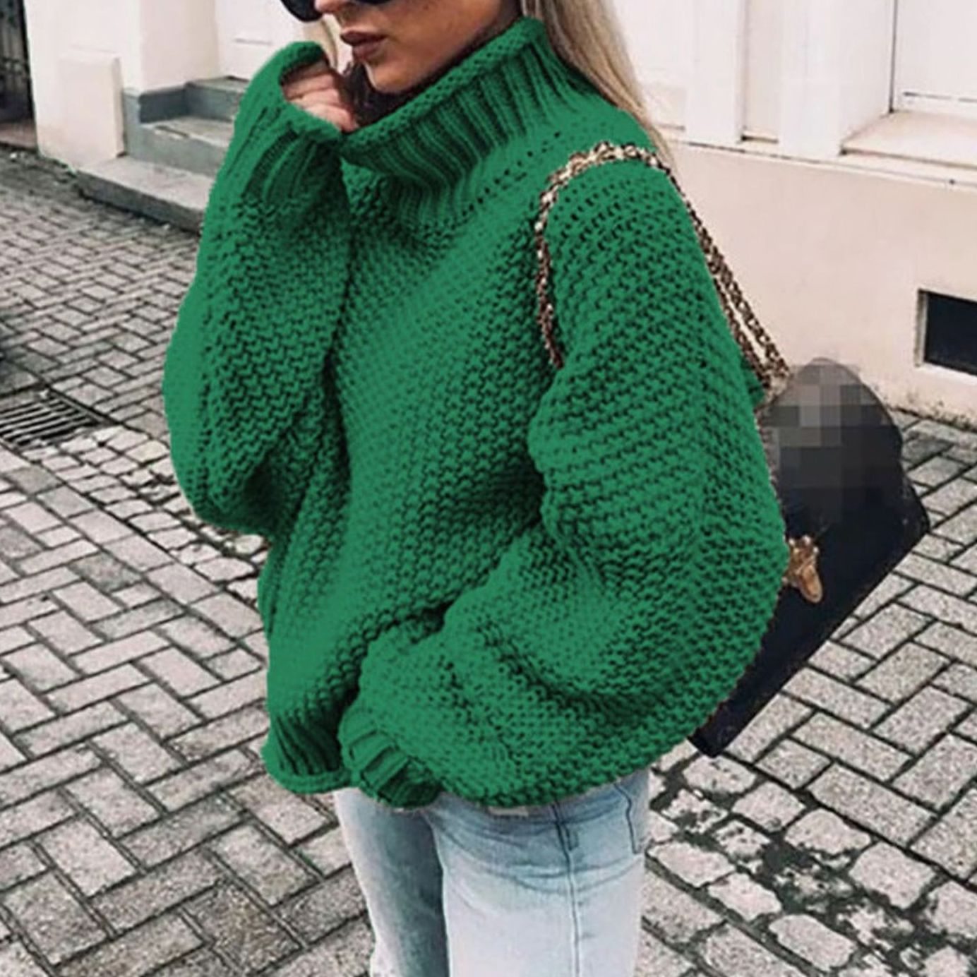 Thea | Women's Oversized Relaxed Fit Chunky Turtleneck Jumper - Green