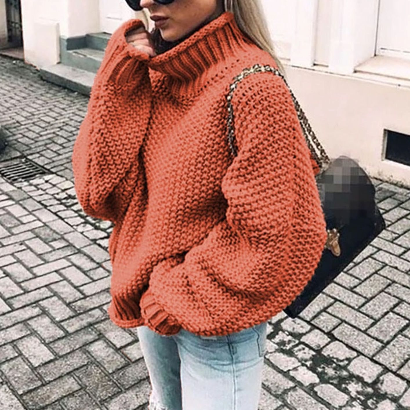 Thea | Women's Oversized Relaxed Fit Chunky Turtleneck Jumper - Orange