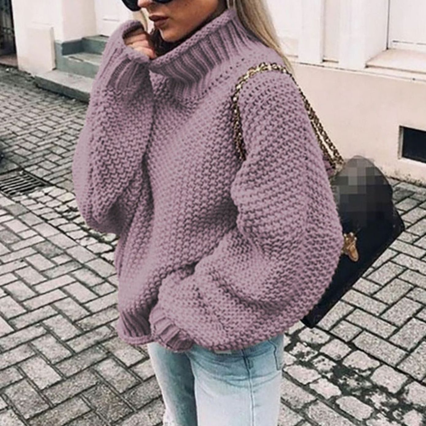 Thea | Women's Oversized Relaxed Fit Chunky Turtleneck Jumper - Purple