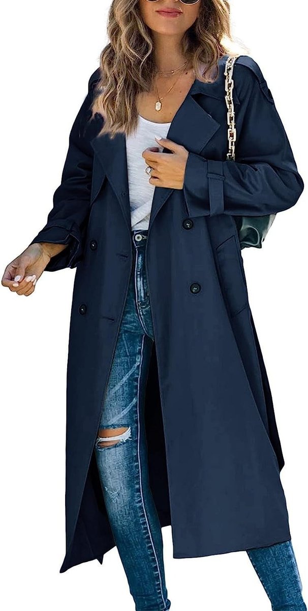 Aria | Women's Double Breasted Oversized Belted Trench Coat - Navy Blue