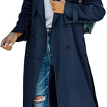 Aria | Women's Double Breasted Oversized Belted Trench Coat - Navy Blue