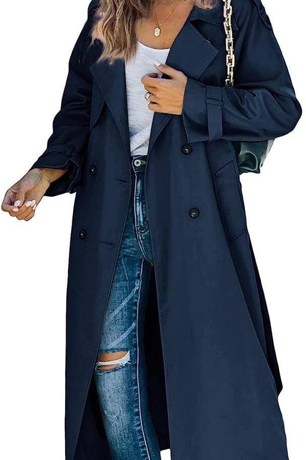 Aria | Women's Double Breasted Oversized Belted Trench Coat - Navy Blue