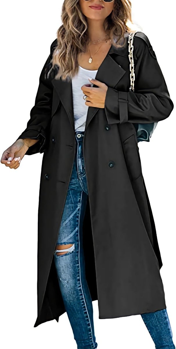 Aria | Women's Double Breasted Oversized Belted Trench Coat - Black