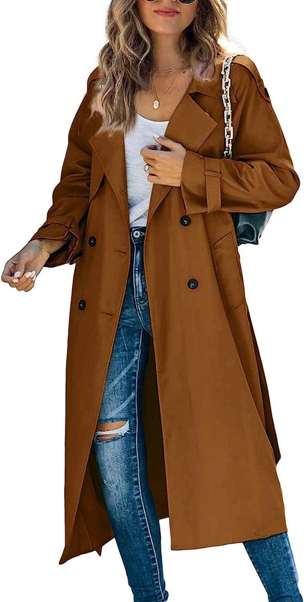 Aria | Women's Double Breasted Oversized Belted Trench Coat - Brown