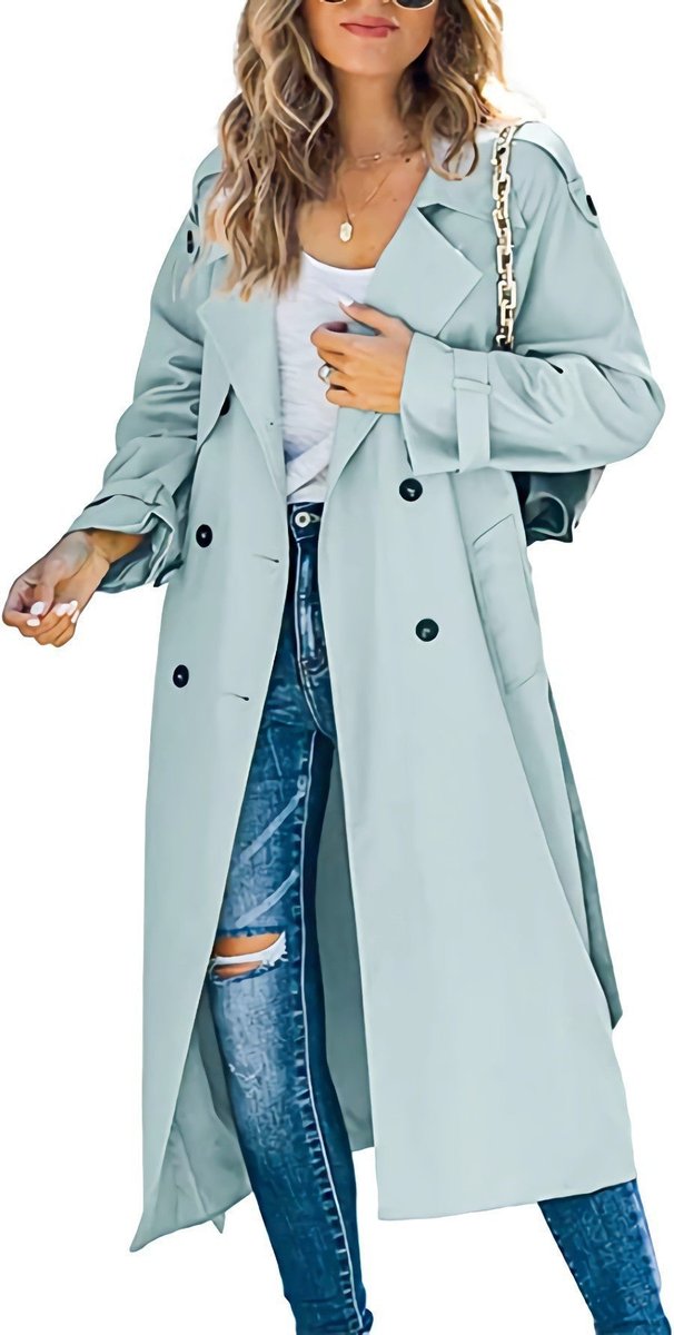 Aria | Women's Double Breasted Oversized Belted Trench Coat - Light Blue