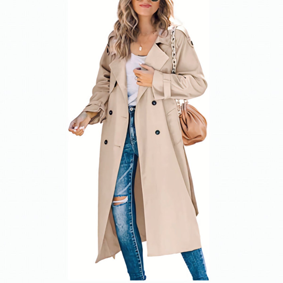 Aria | Women's Double Breasted Oversized Belted Trench Coat - Khaki