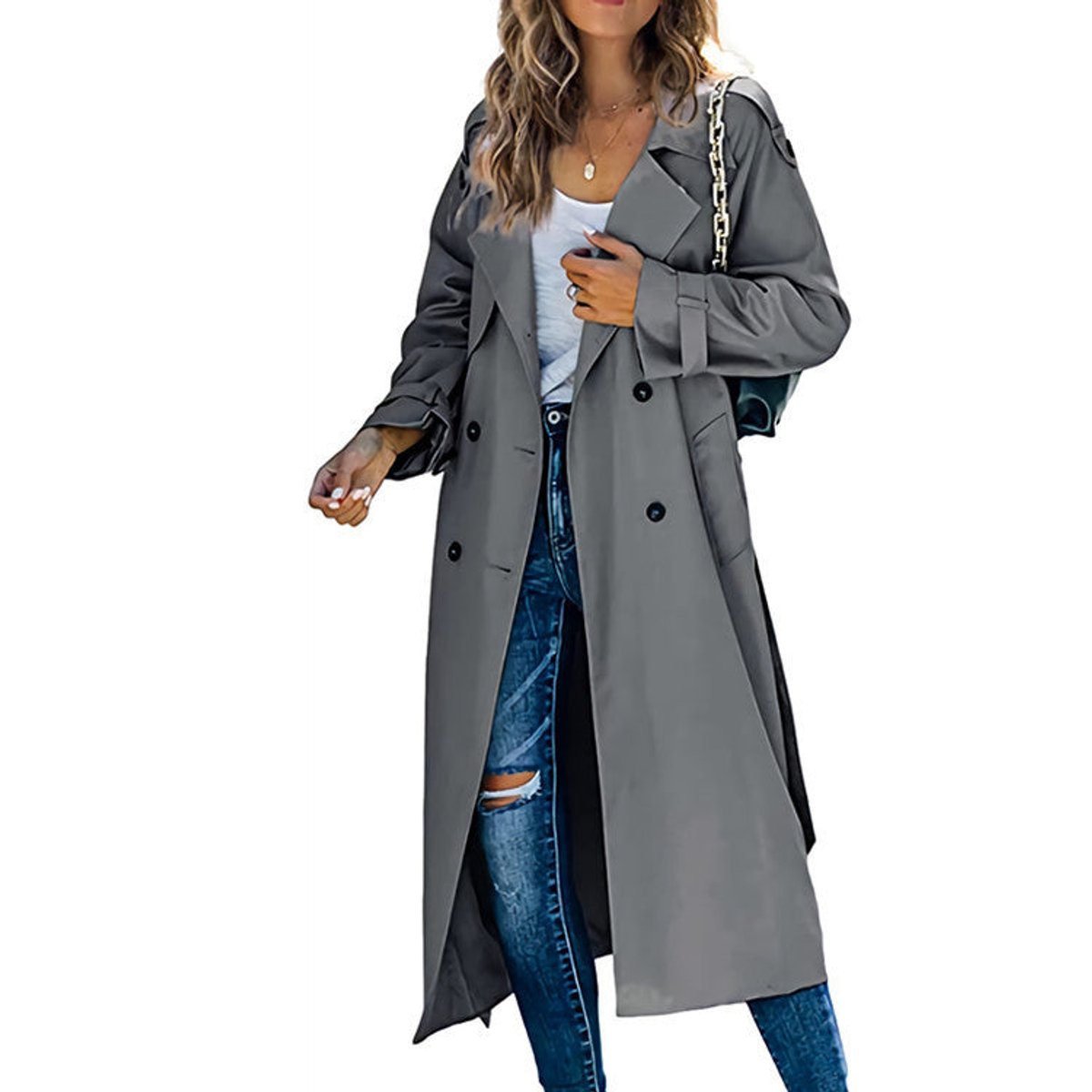 Aria | Women's Double Breasted Oversized Belted Trench Coat - Grey