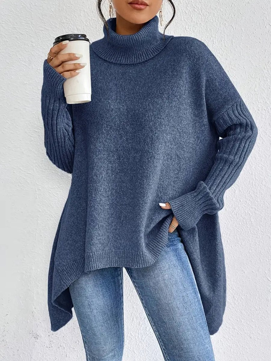 Elena | Women's Oversized Longline Ribbed Turtleneck Jumper - Ocean Blue