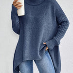 Elena | Women's Oversized Longline Ribbed Turtleneck Jumper - Ocean Blue