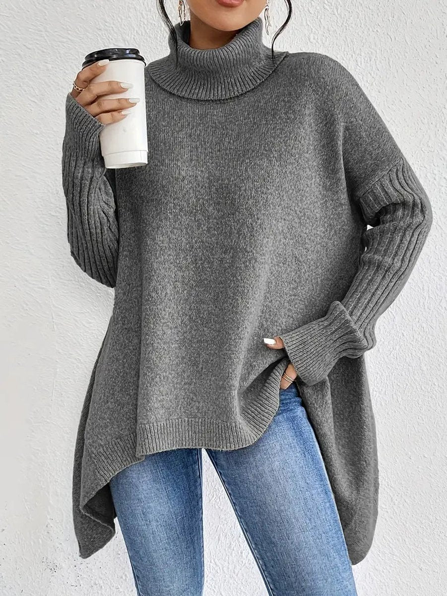 Elena | Women's Oversized Longline Ribbed Turtleneck Jumper - Stone Grey