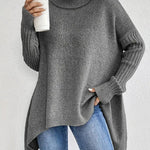 Elena | Women's Oversized Longline Ribbed Turtleneck Jumper - Stone Grey