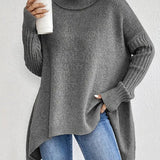 Elena | Women's Oversized Longline Ribbed Turtleneck Jumper - Stone Grey